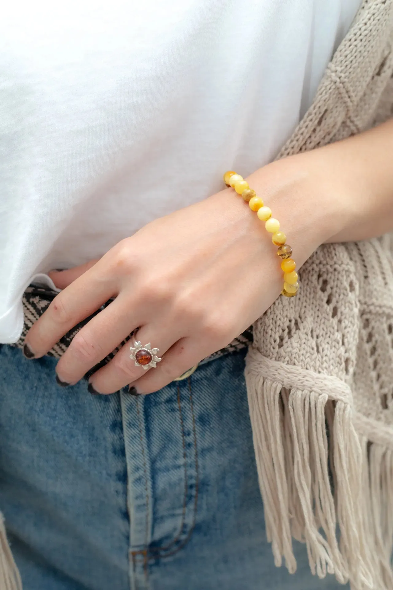 RAW Mixed Amber Sphere Bead Bracelet - Organic Yellow & Multicolour Beads