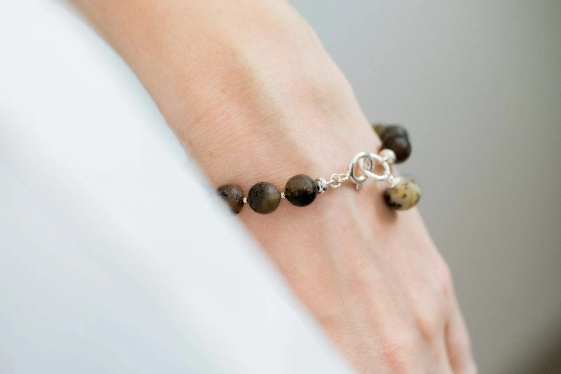 RAW Organic Boho Amber Bracelet - EarthAccent Bead Bracelet in Dark Grey Tones