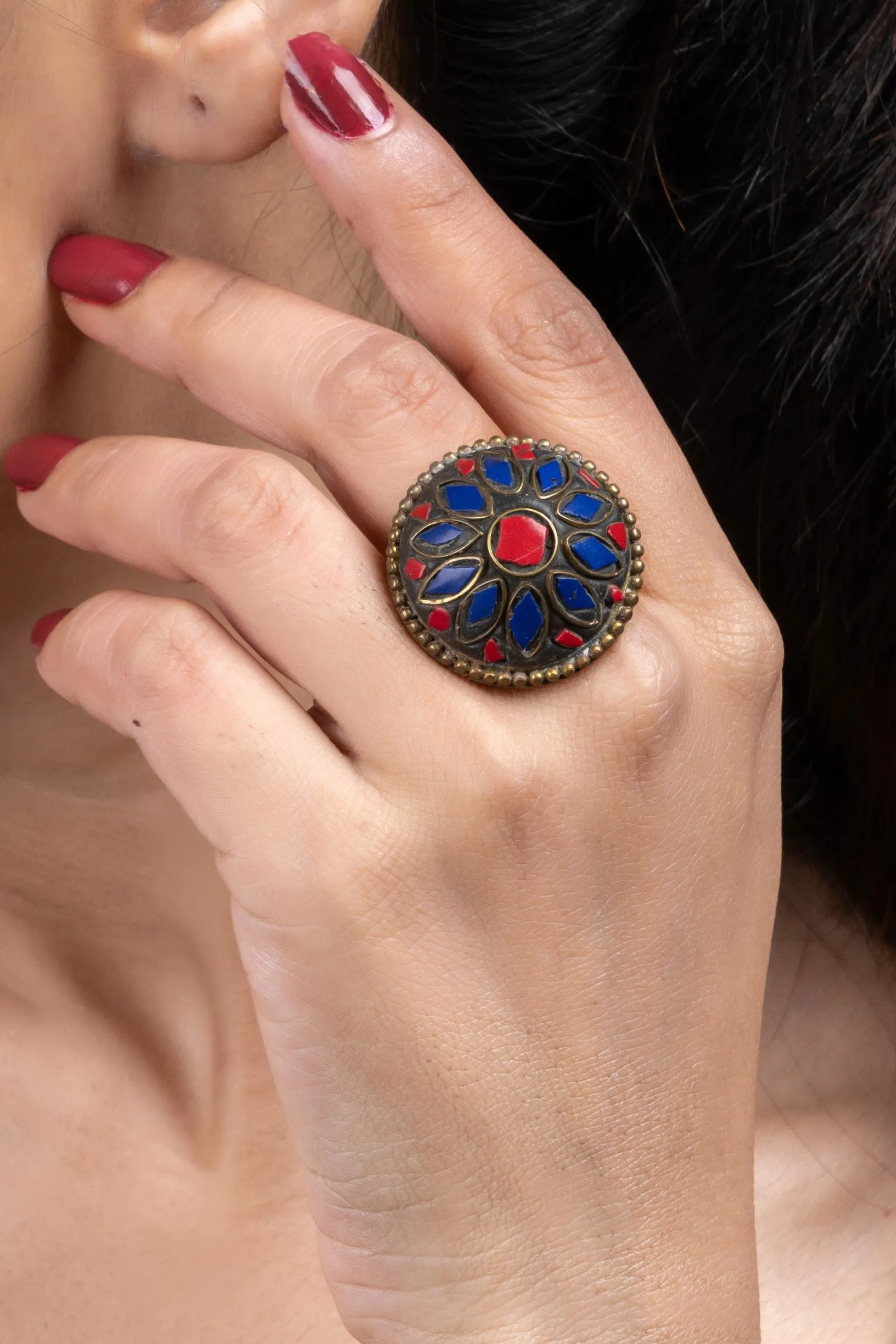 Red Blue Tibetan Finger Ring - Unique Vibrant Design for All Occasions, Non-Allergic Plating