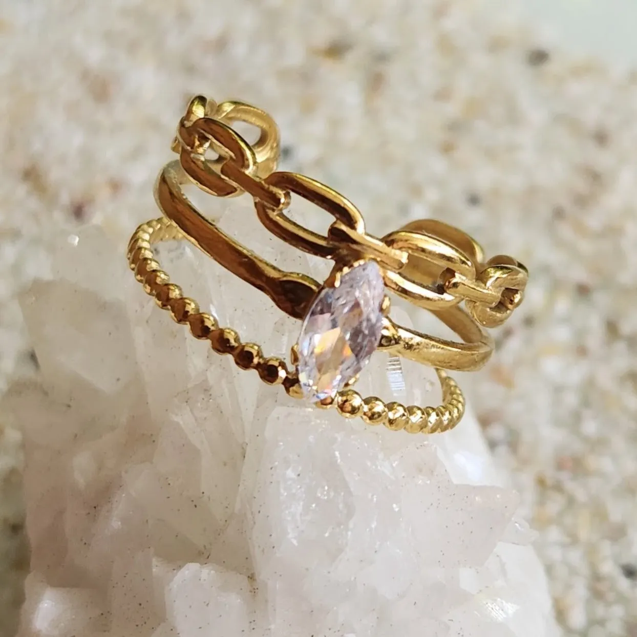 RING CHAIN  - ADJUSTABLE CUBIC ZIRCONIA WATERPROOF GOLD RING