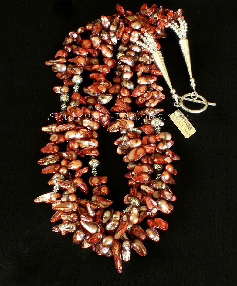 Rose-Colored Keshi Pearl 4-Strand Necklace with Swarovski Crystal, Ornate Sterling Spacers, Stamped Sterling Silver Rondelle Beads, and Sterling Cones and Toggle Clasp