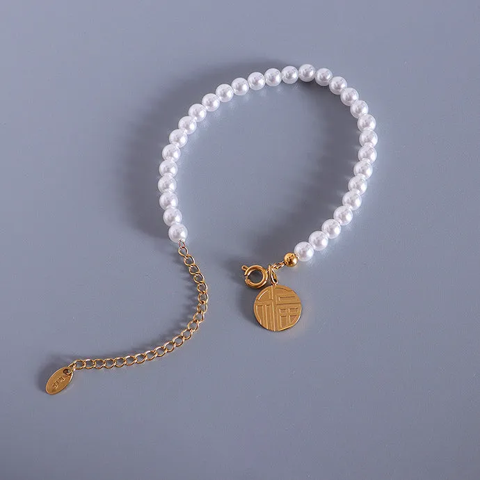 Round Lucky Coin Charm Pearl Bracelet