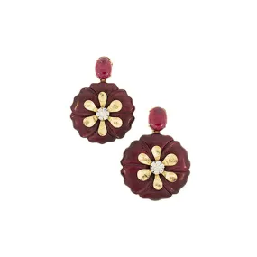 Sculptural Botanical Marquetry purple carved flower drop earrings