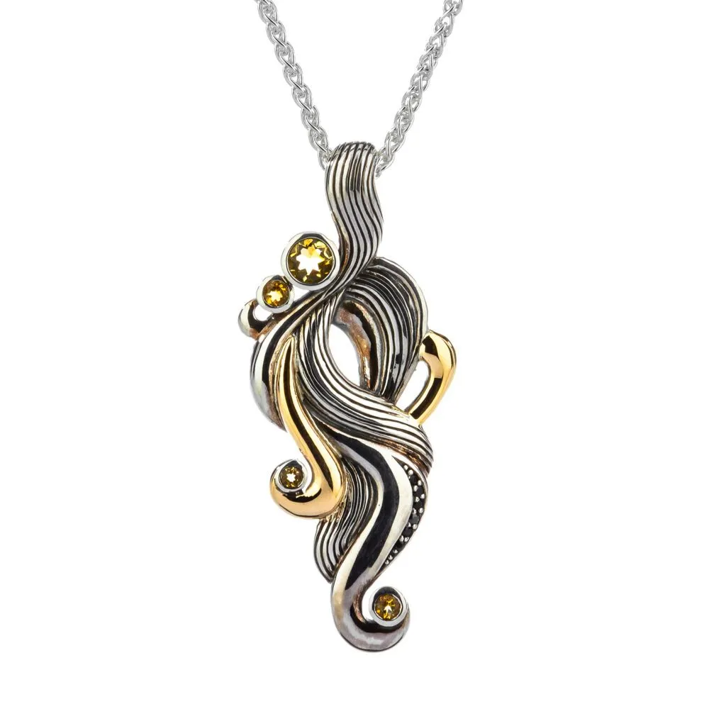 Silver and 10k Gold 'Air' Element Pendant - Citrine -Black Spinel