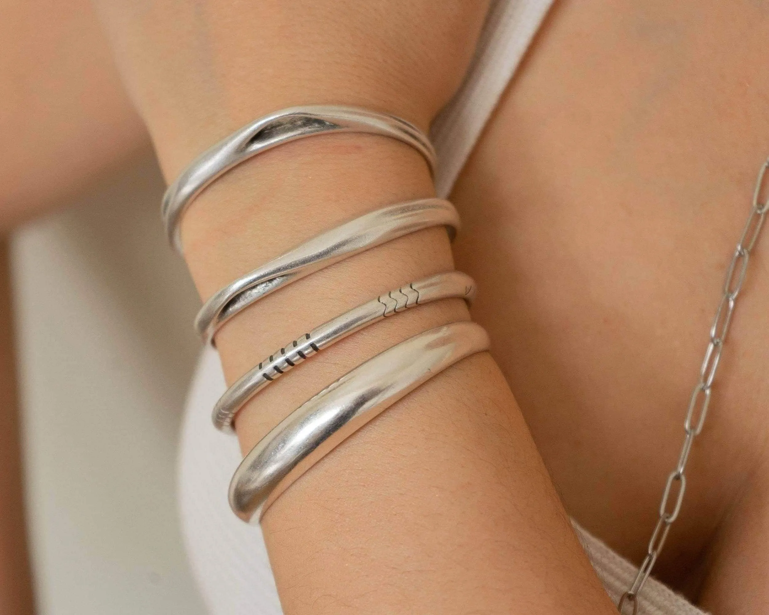 Silver Cuff Bracelet - Bold Organic Stacking Boho Minimalist Statement for Women