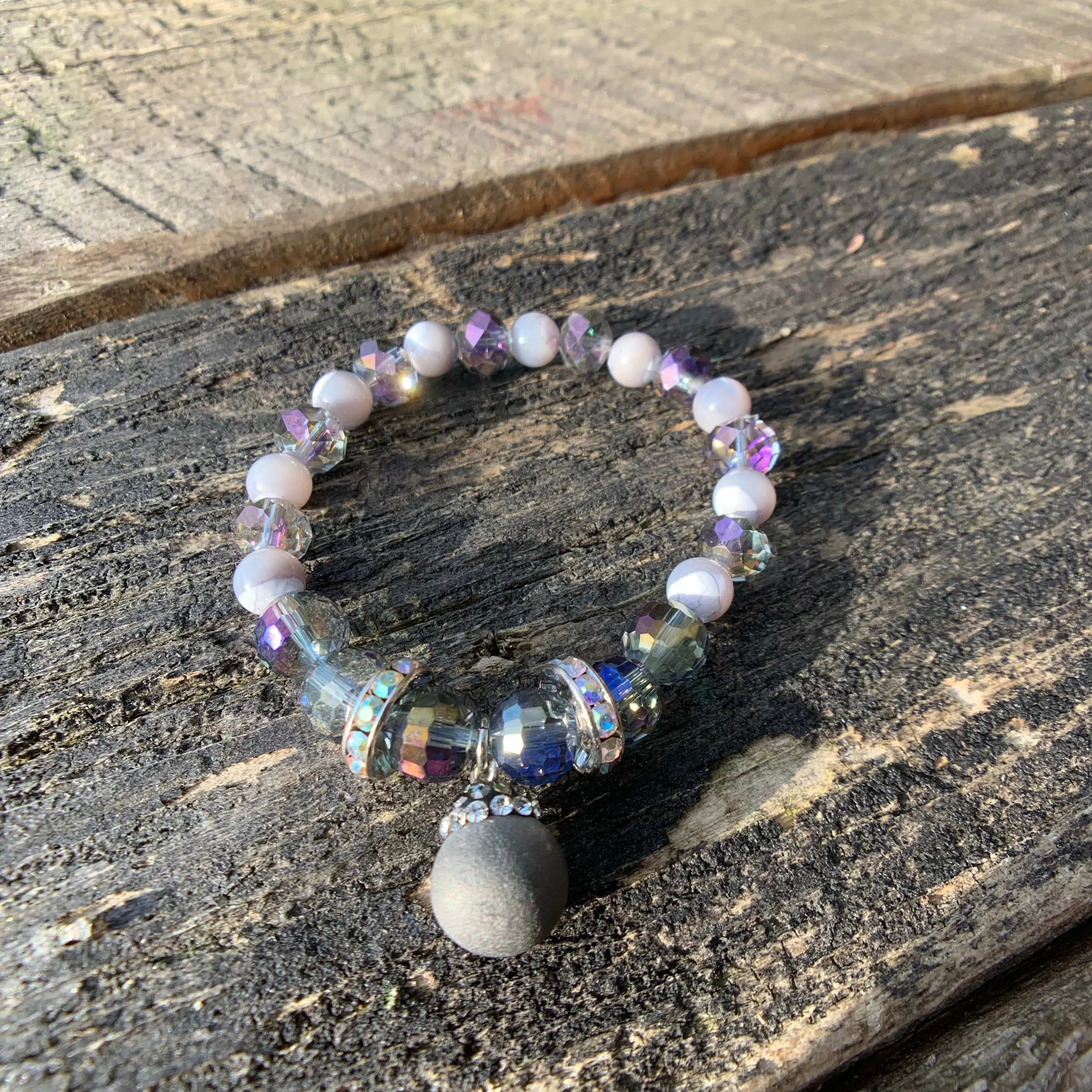 Silver Druzy Agate, Faceted Glass & Rhinestone Beaded Bracelet