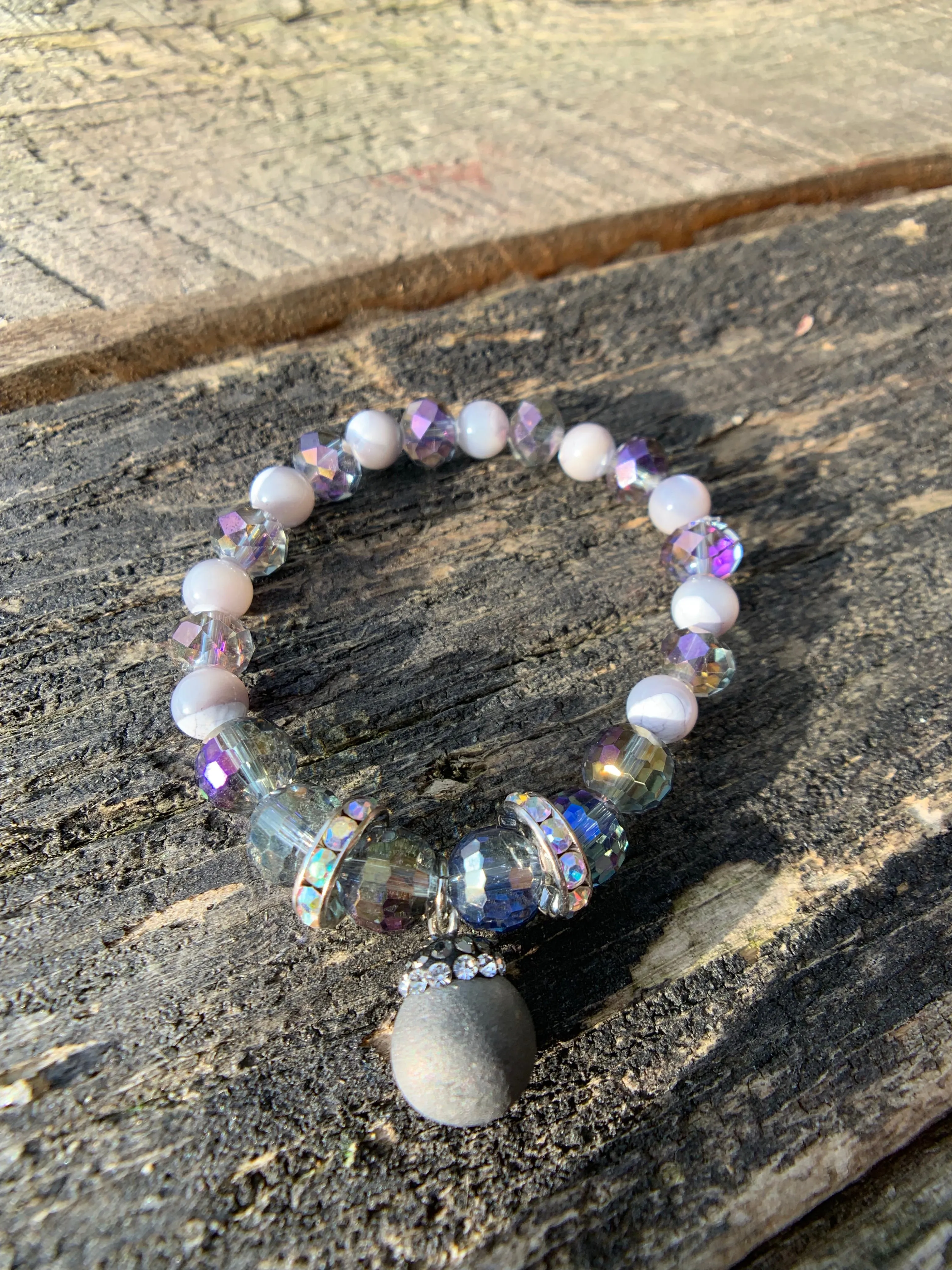 Silver Druzy Agate, Faceted Glass & Rhinestone Beaded Bracelet