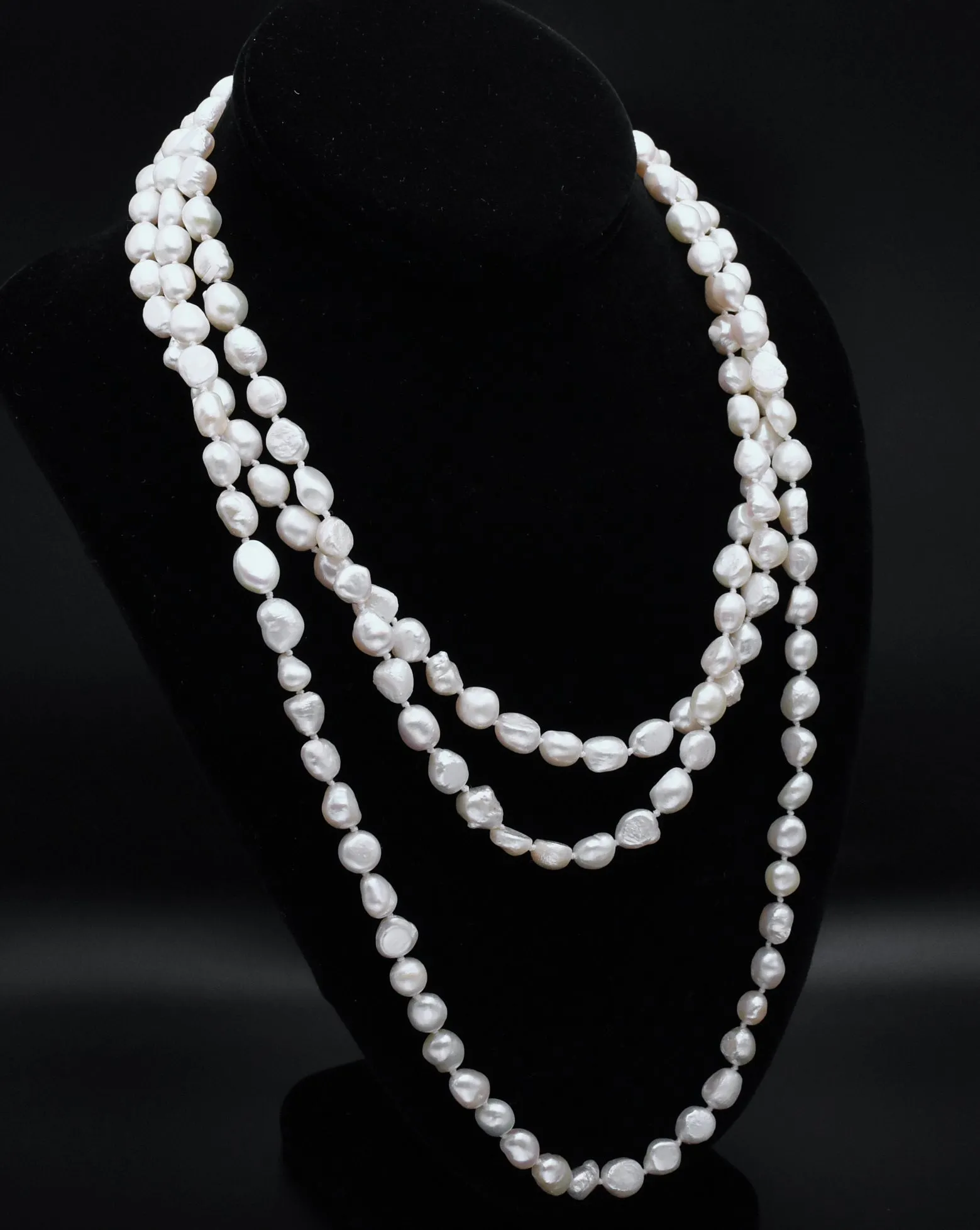 Single Strand Rope Necklace of Semi-Baroque Cultured Pearls - 63"