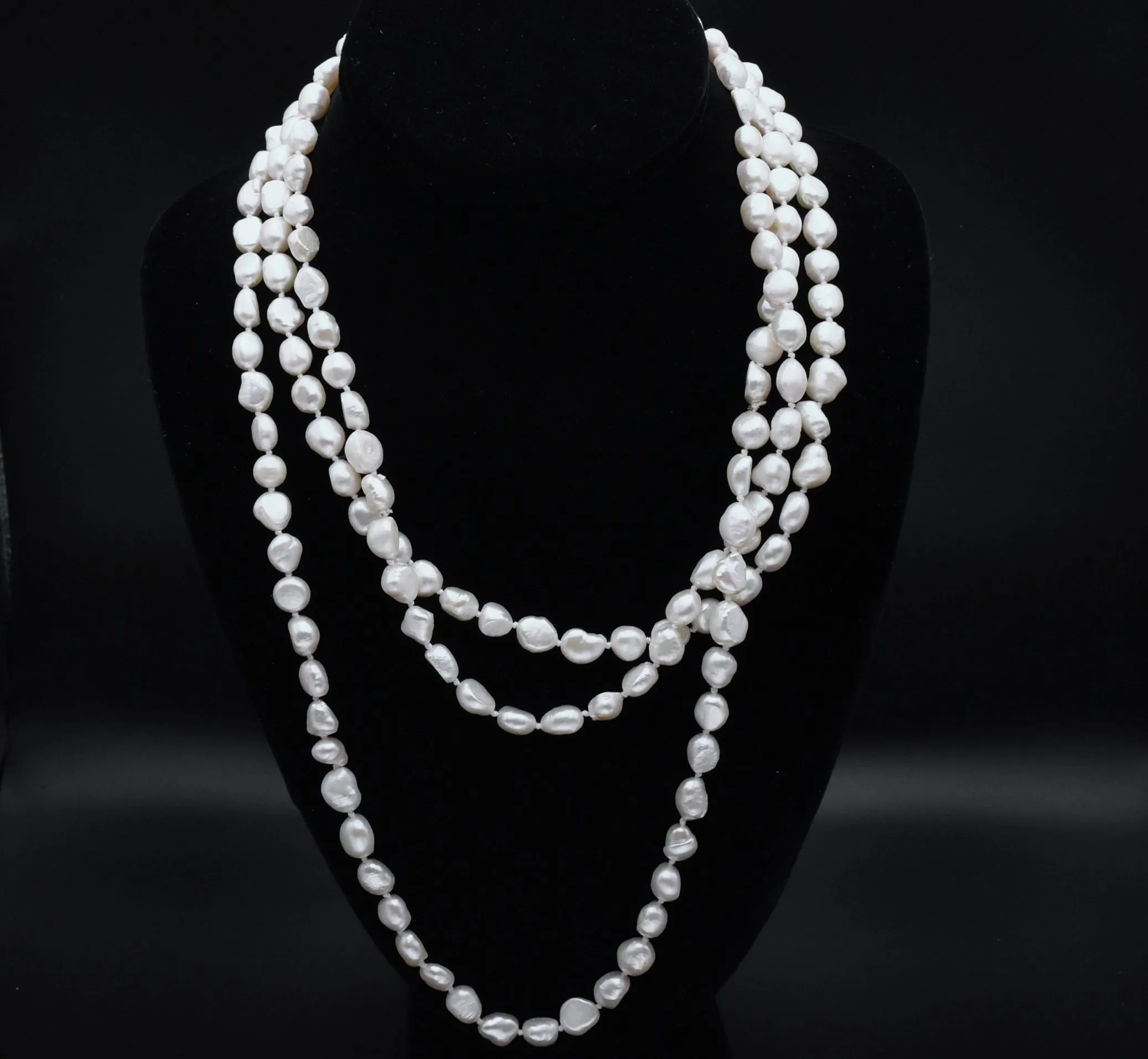 Single Strand Rope Necklace of Semi-Baroque Cultured Pearls - 63"