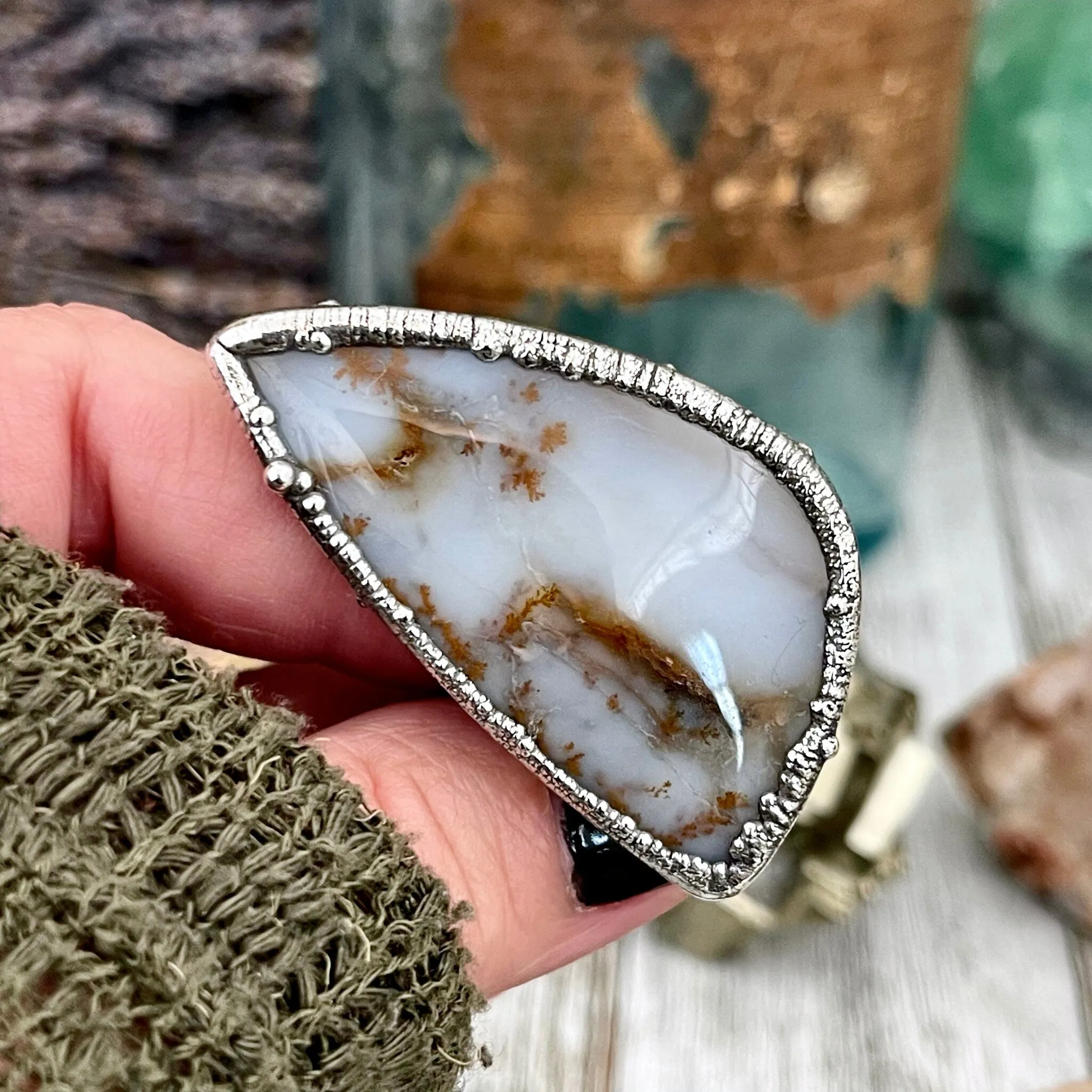 Size 8 Silver Montana Moss Agate Statement Ring /  Large Crystal Bohemian Dendritic Agate Ring