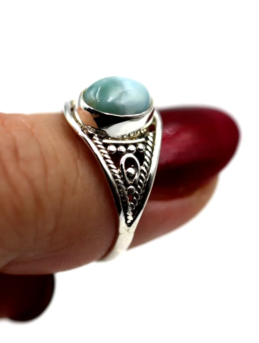 Size Q Genuine Sterling Silver 925 Filigree Oval Larimar Ring