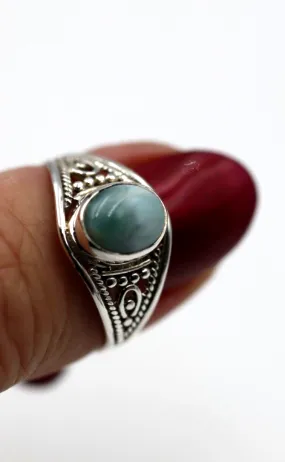 Size Q Genuine Sterling Silver 925 Filigree Oval Larimar Ring