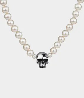 Skull & Pearl Necktie / Sterling Silver / Round White Pearls