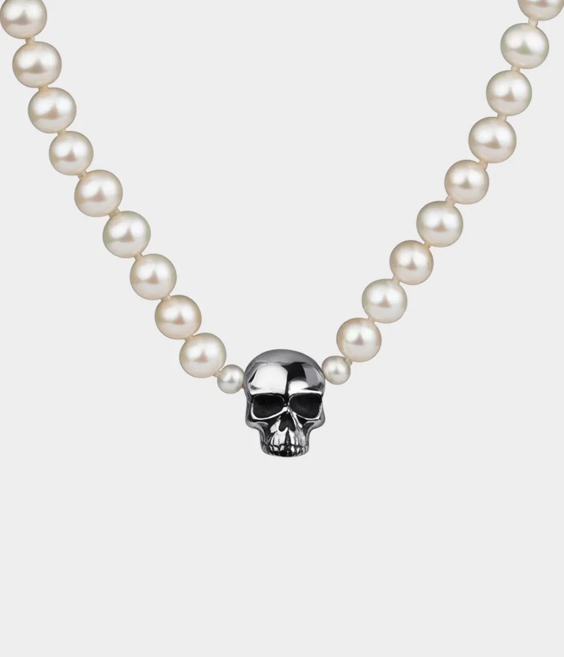 Skull & Pearl Necktie / Sterling Silver / Round White Pearls