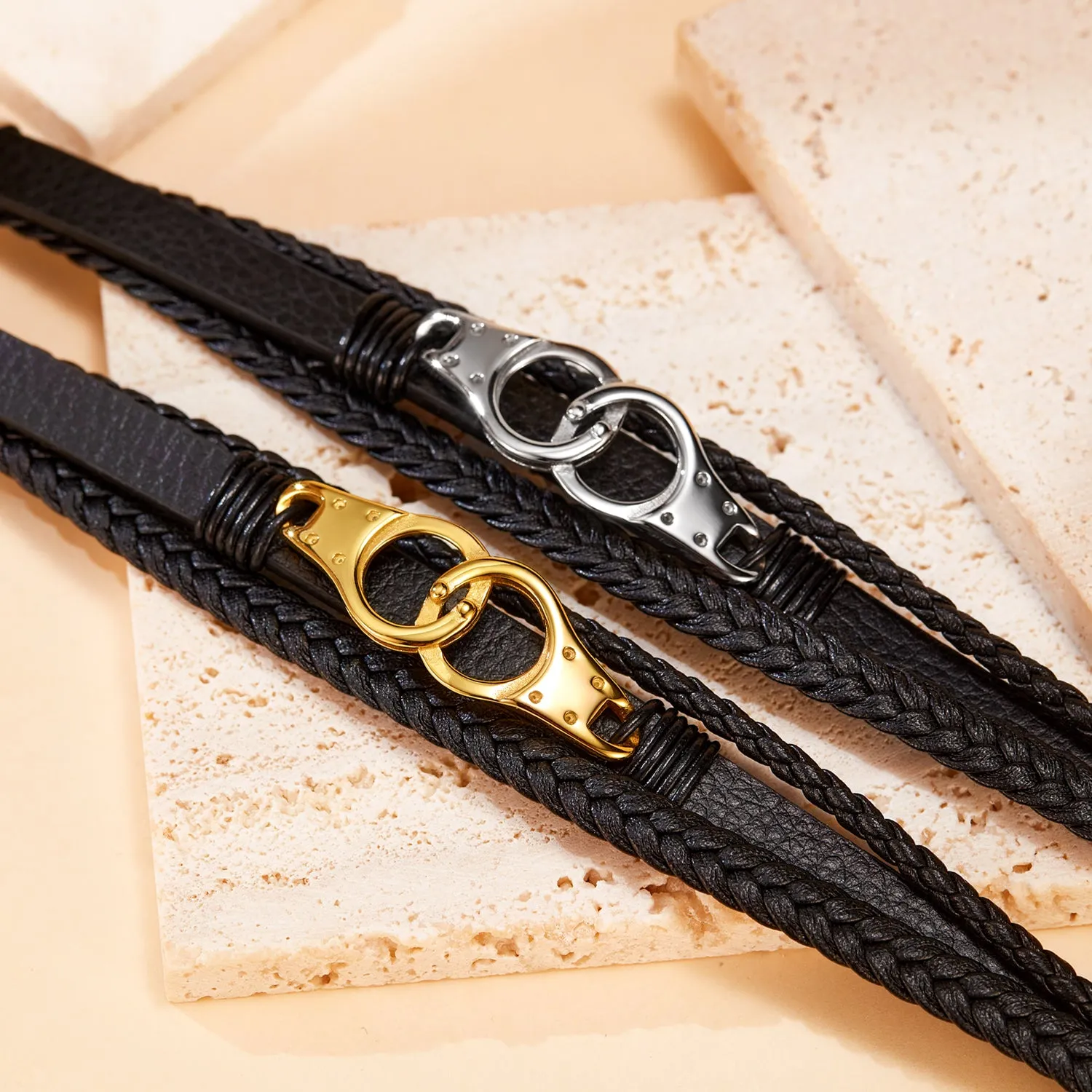 Sophisticated Men's Braided Leather and Gold Plated Bracelet with Equestrian Clasp – Durable and Stylish