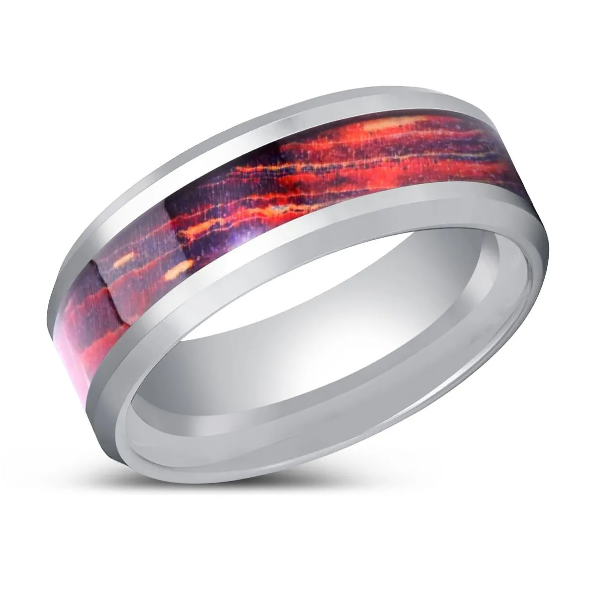 STARLIGHTIA | Silver Tungsten Ring, Galaxy Wood Inlay Ring, Silver Edges