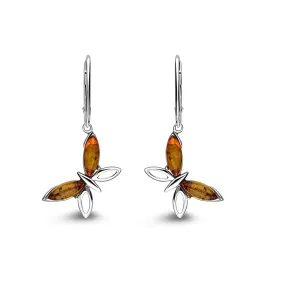 Sterling Silver Amber Dragonfly Drop Earrings