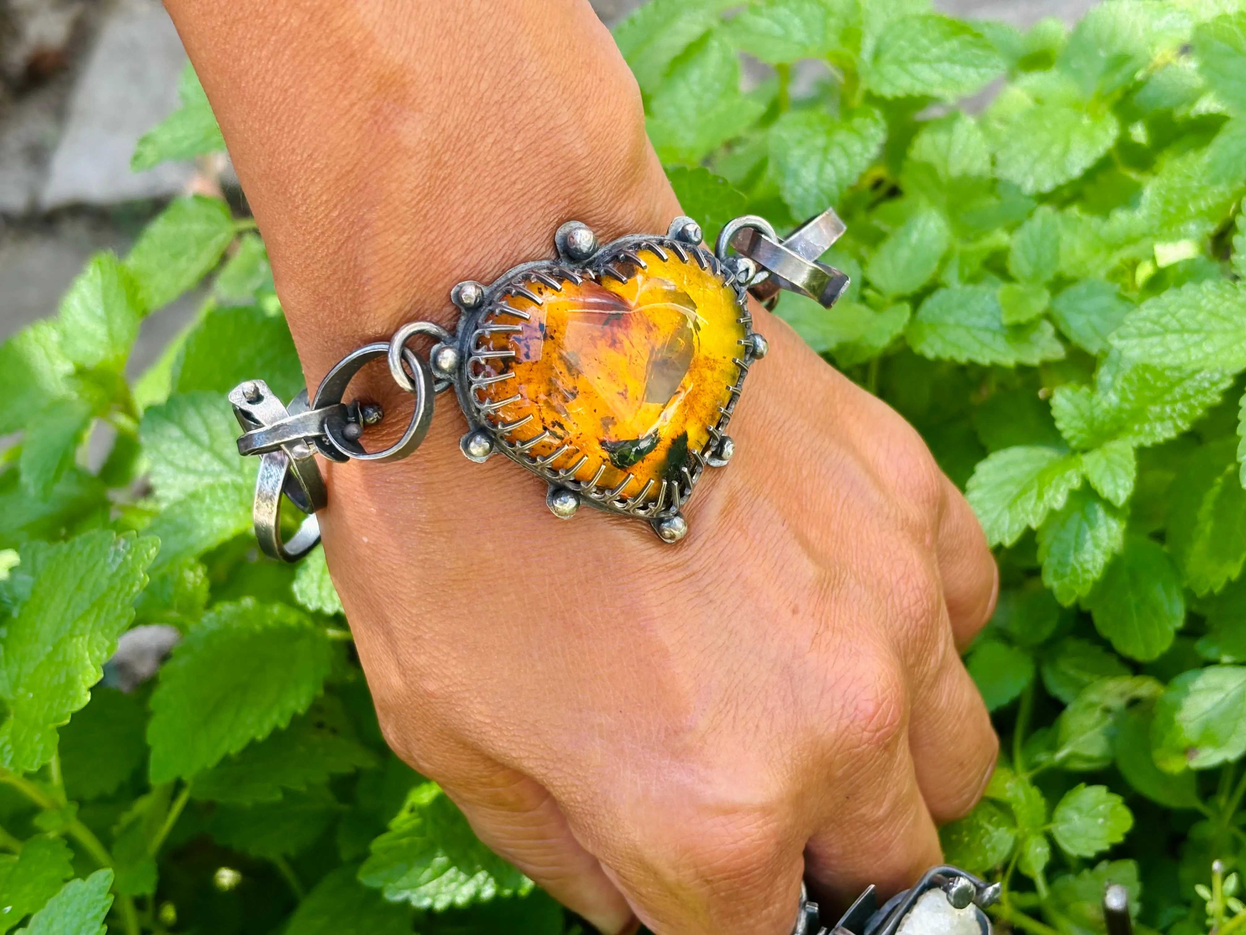 Sterling Silver Amber Heart Bracelet