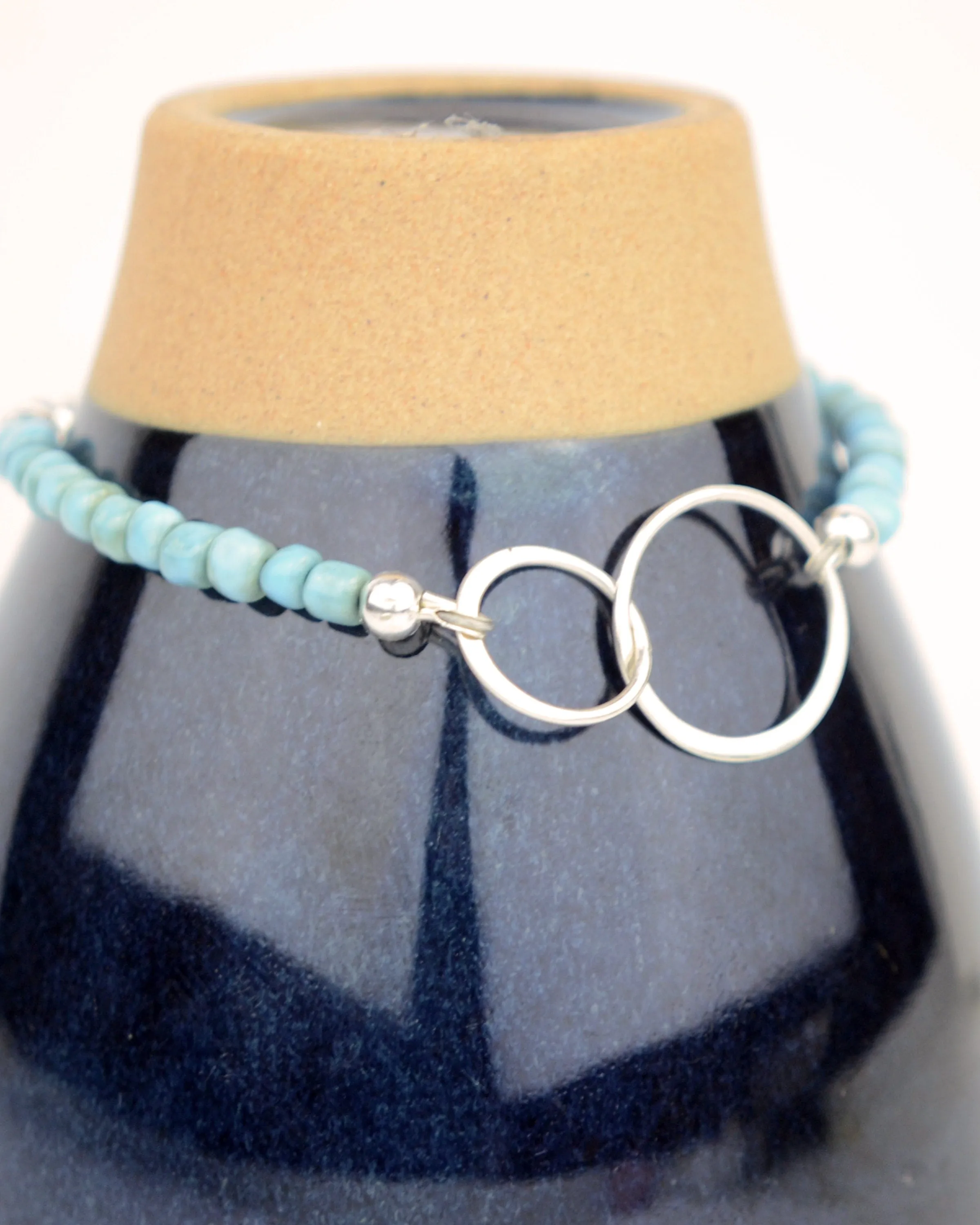 Sterling silver and turquoise colour bead infinity or interlocked circles bracelet,  best friend forever gift, summer jewelry