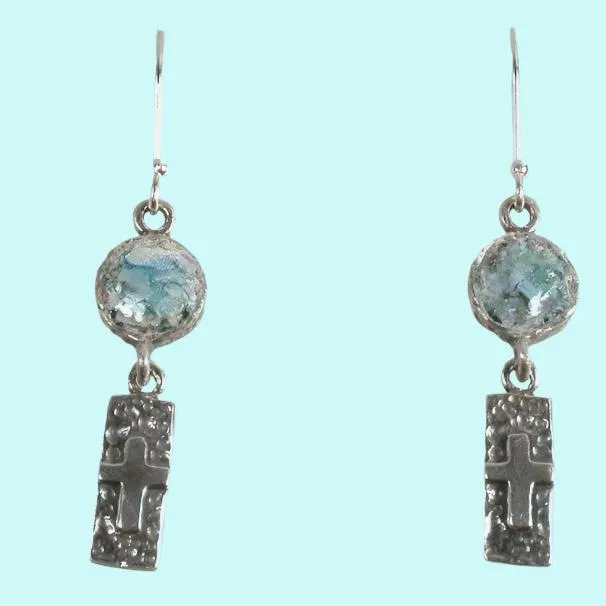 Sterling Silver cross earrings from the Holy Land with Roman Glass