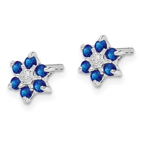 Sterling Silver Genuine Blue Sapphire And Diamond 6mm Flower Post Earrings