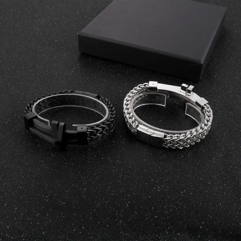 Stylish Men's Titanium Steel Chain Bracelet with Curved Cross Design for Rock Club Fashion