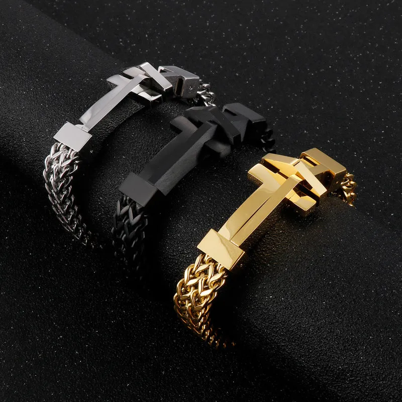 Stylish Men's Titanium Steel Chain Bracelet with Curved Cross Design for Rock Club Fashion