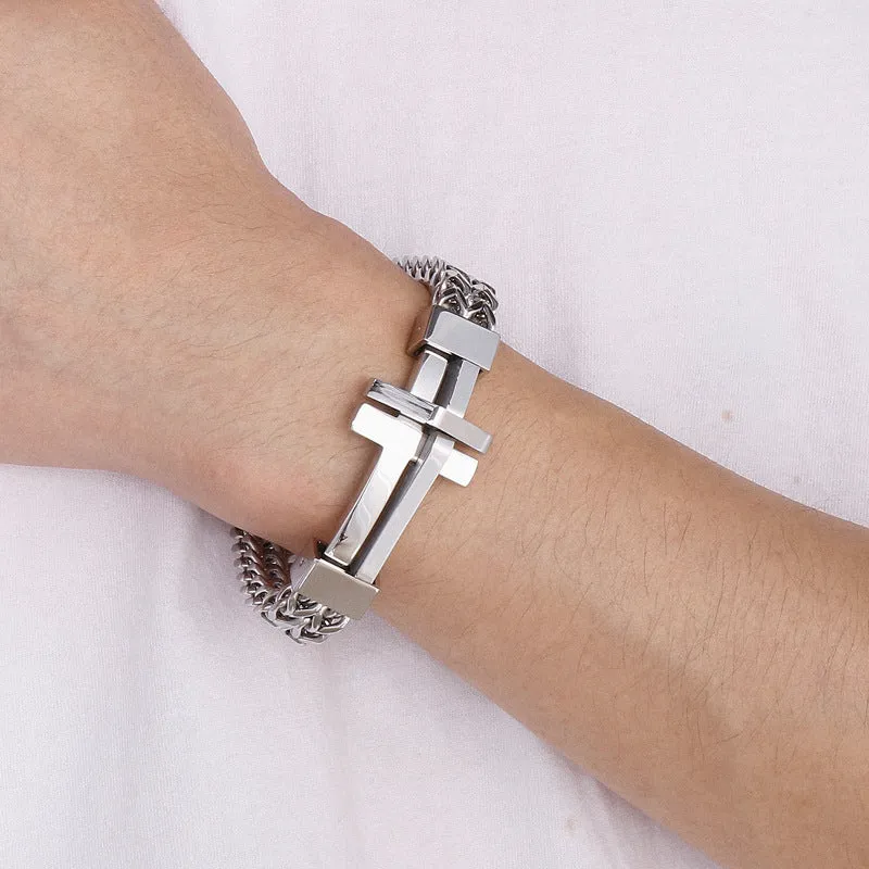 Stylish Men's Titanium Steel Chain Bracelet with Curved Cross Design for Rock Club Fashion