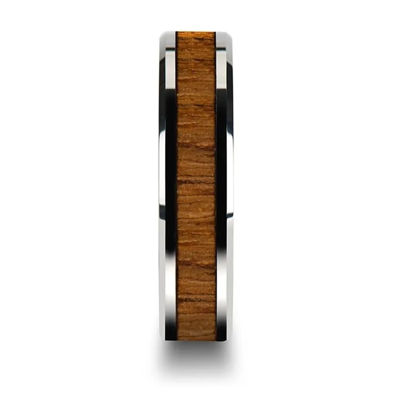 TEKKU | Silver Tungsten Ring, Teak Wood Inlay, Beveled