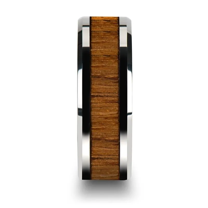 TEKKU | Silver Tungsten Ring, Teak Wood Inlay, Beveled