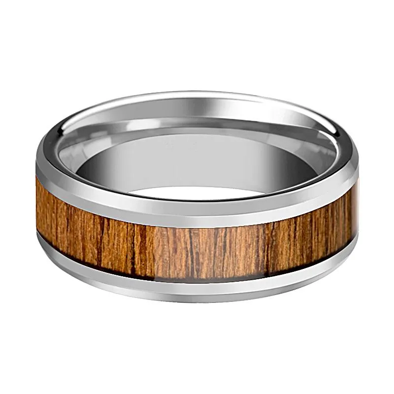 TEKKU | Silver Tungsten Ring, Teak Wood Inlay, Beveled