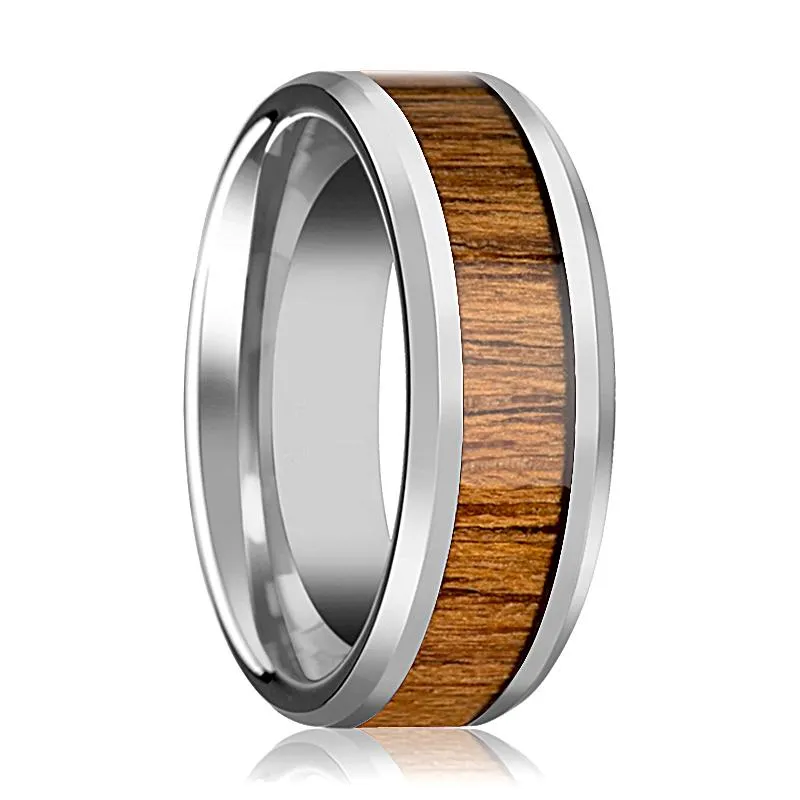 TEKKU | Silver Tungsten Ring, Teak Wood Inlay, Beveled