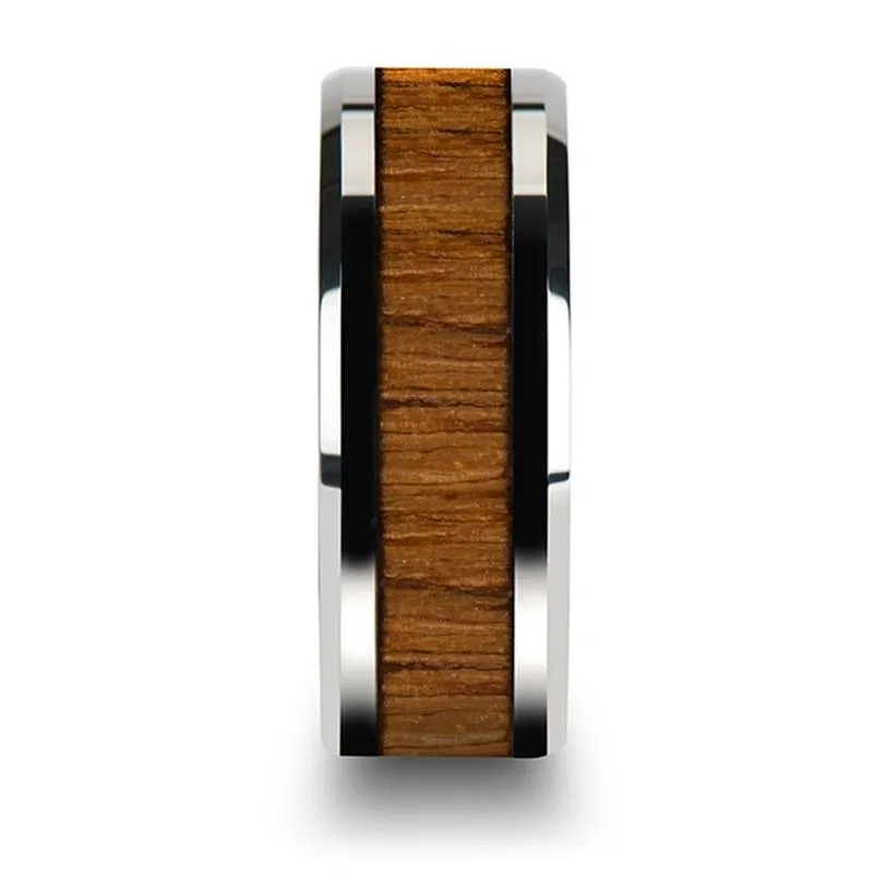 TEKKU | Silver Tungsten Ring, Teak Wood Inlay, Beveled