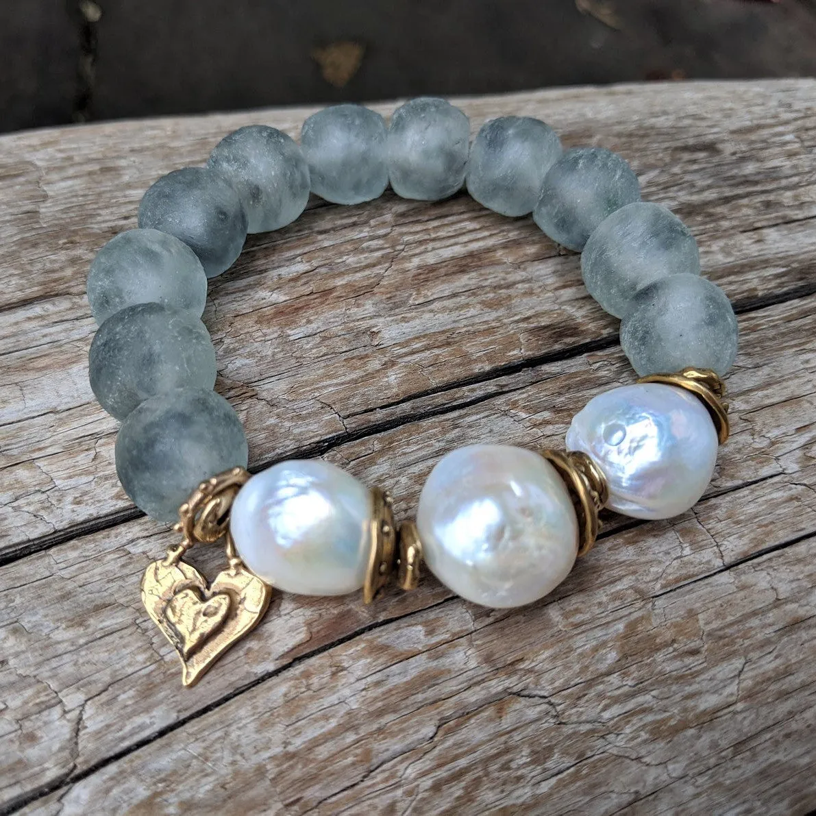 Three Large White Pearls & Gray Sea Glass Elastic Bracelet with Heart Charm