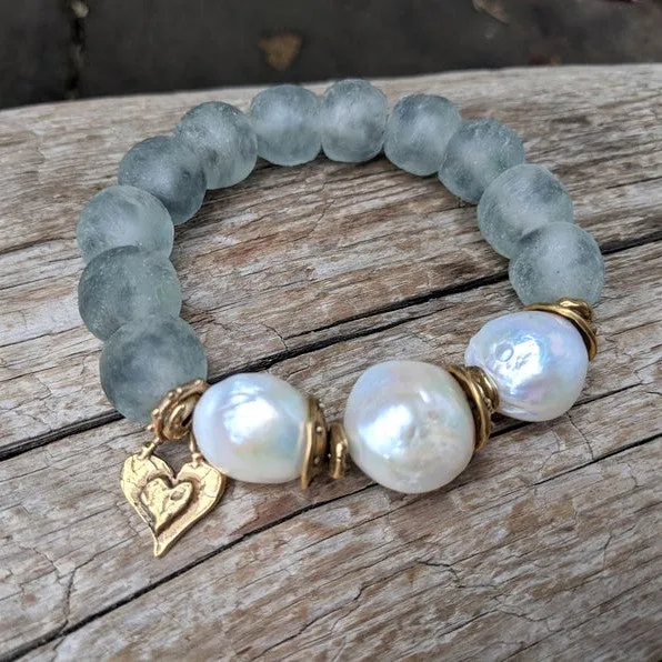 Three Large White Pearls & Gray Sea Glass Elastic Bracelet with Heart Charm