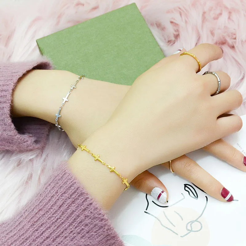 Three-layer real gold cross bracelet