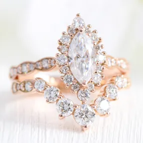 Tiara Halo Marquise Ring Bridal Set w/ Moissanite and Large 7 Diamond Scalloped Band