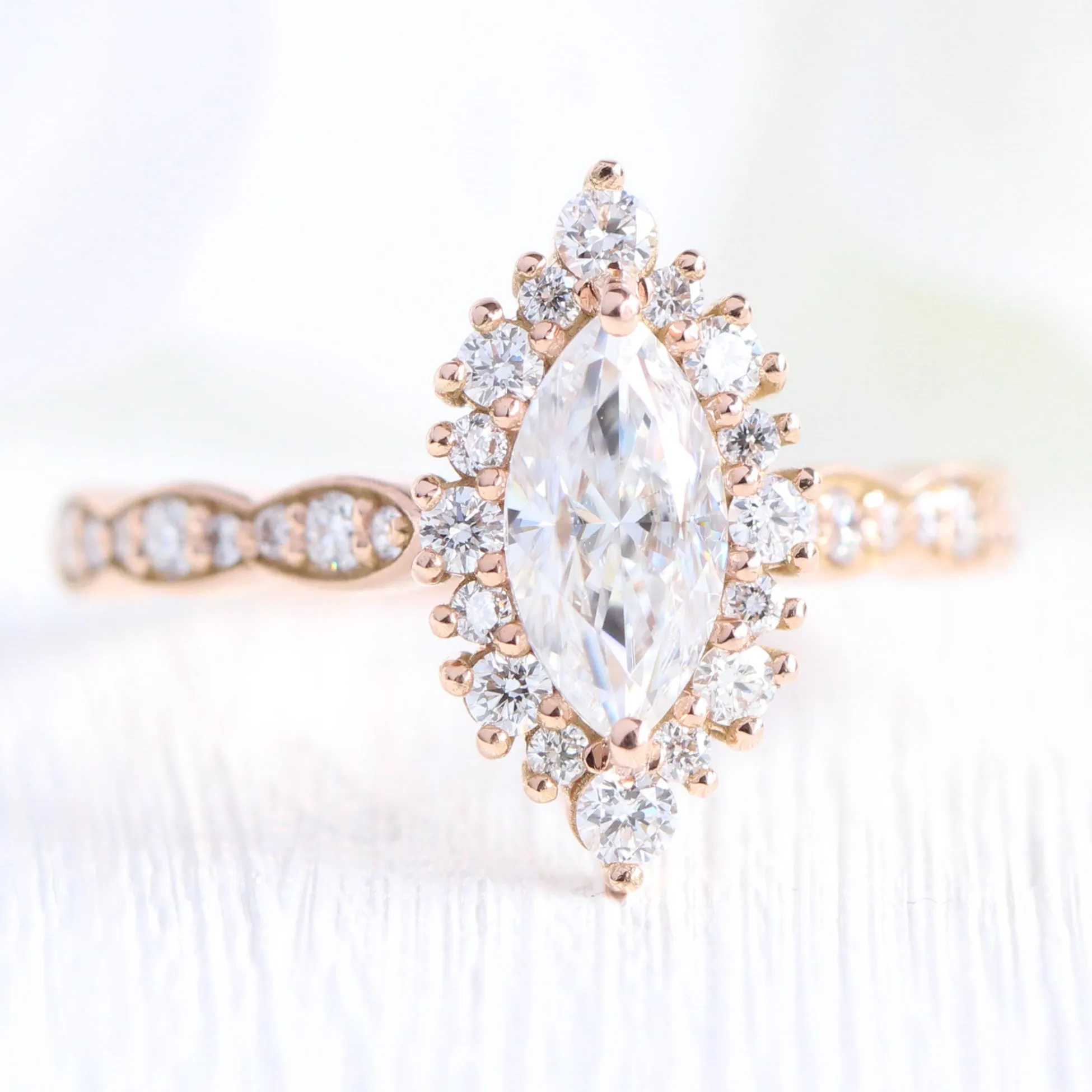 Tiara Halo Marquise Ring Bridal Set w/ Moissanite and Large 7 Diamond Scalloped Band