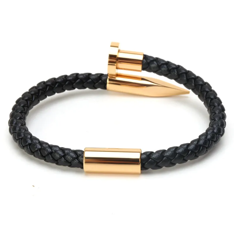 Titanium Nail Braided Leather Men Bangle Bracelets