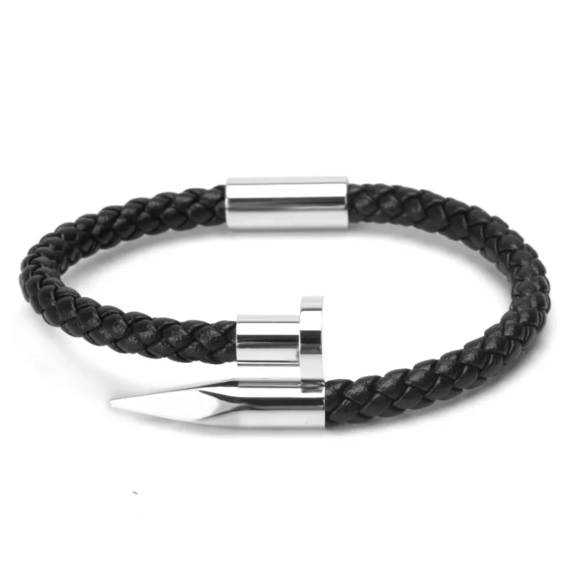 Titanium Nail Braided Leather Men Bangle Bracelets