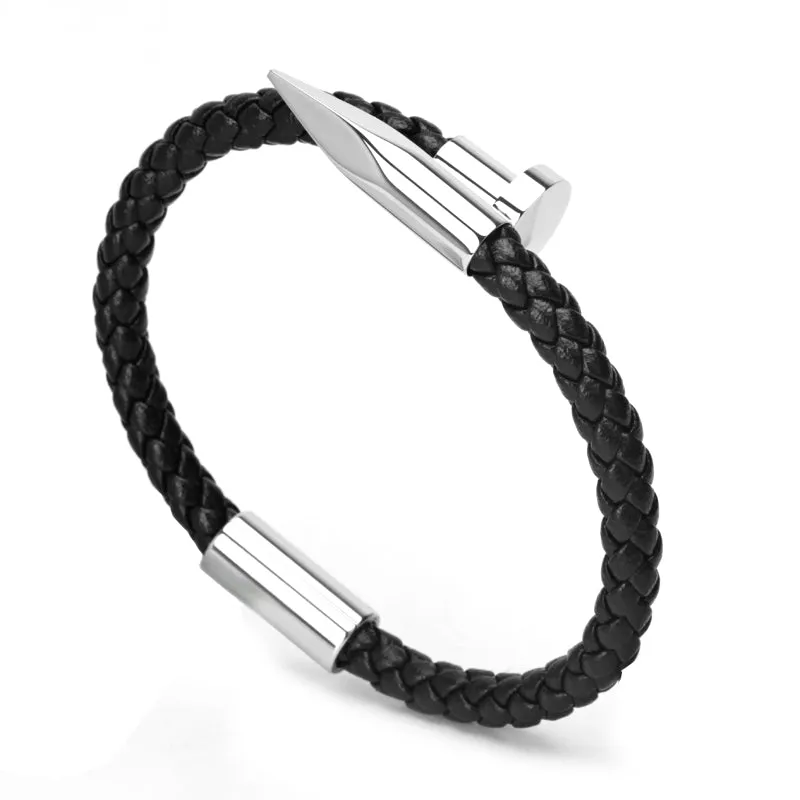 Titanium Nail Braided Leather Men Bangle Bracelets