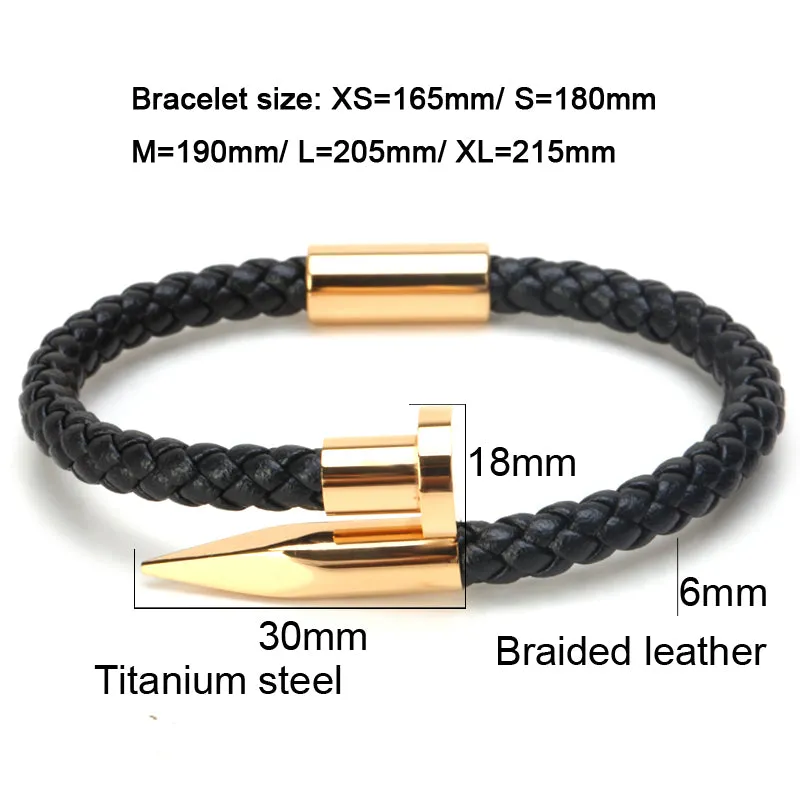 Titanium Nail Braided Leather Men Bangle Bracelets