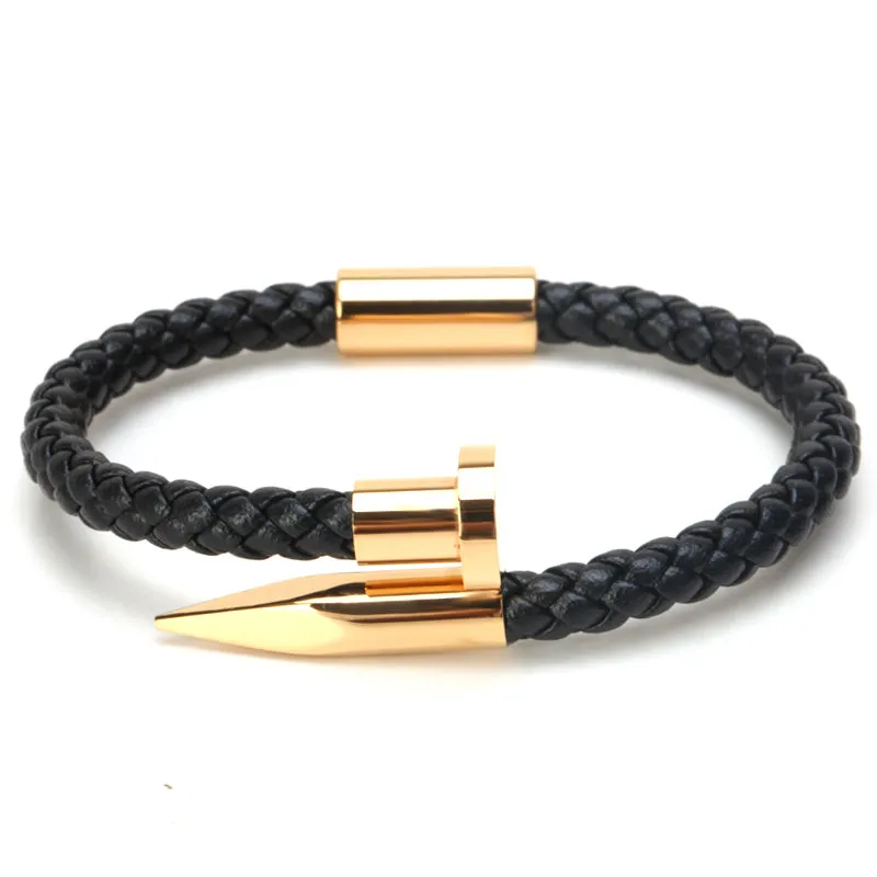 Titanium Nail Braided Leather Men Bangle Bracelets