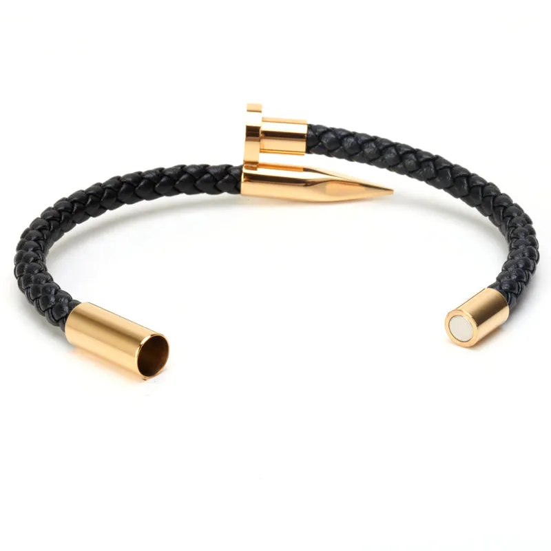 Titanium Nail Braided Leather Men Bangle Bracelets