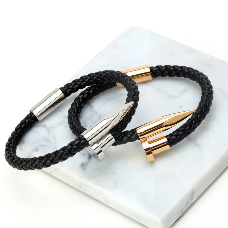 Titanium Nail Braided Leather Men Bangle Bracelets