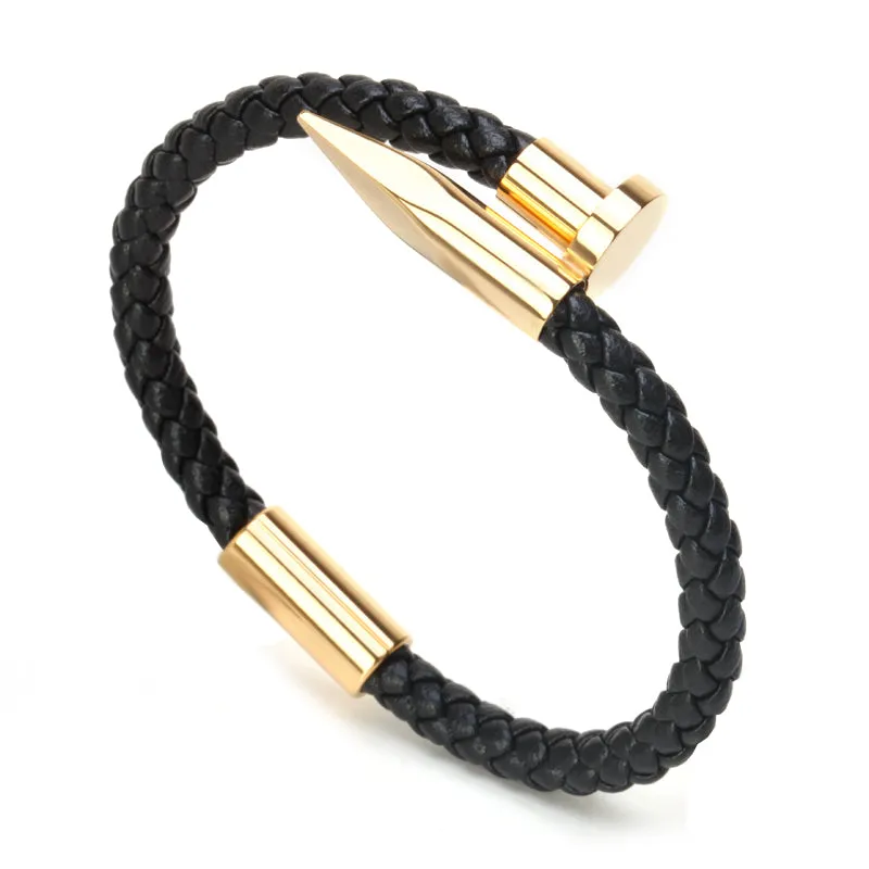 Titanium Nail Braided Leather Men Bangle Bracelets