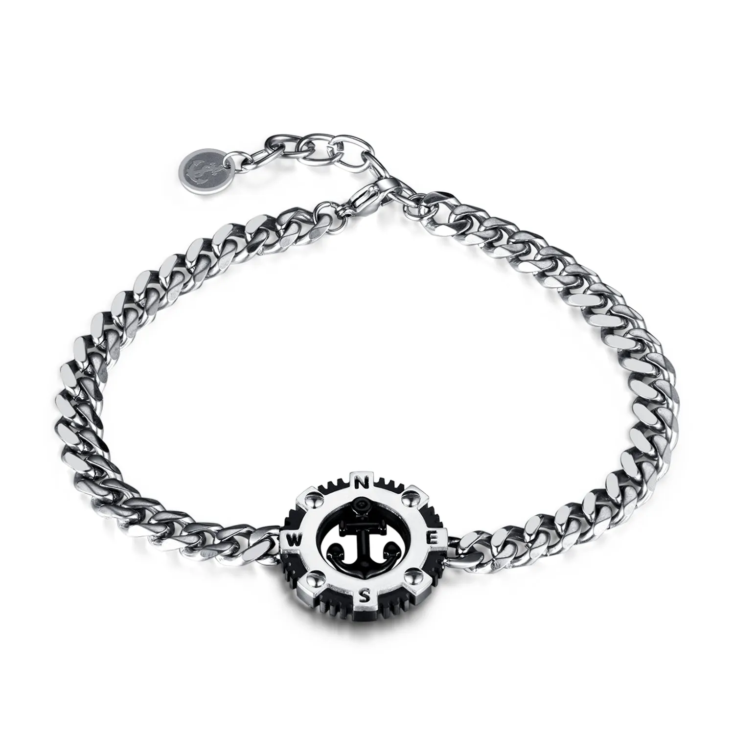 Titanium Stainless Steel Nautical Compass Men's Bracelet – Adjustable, Sleek Chain Link with Anchor Design