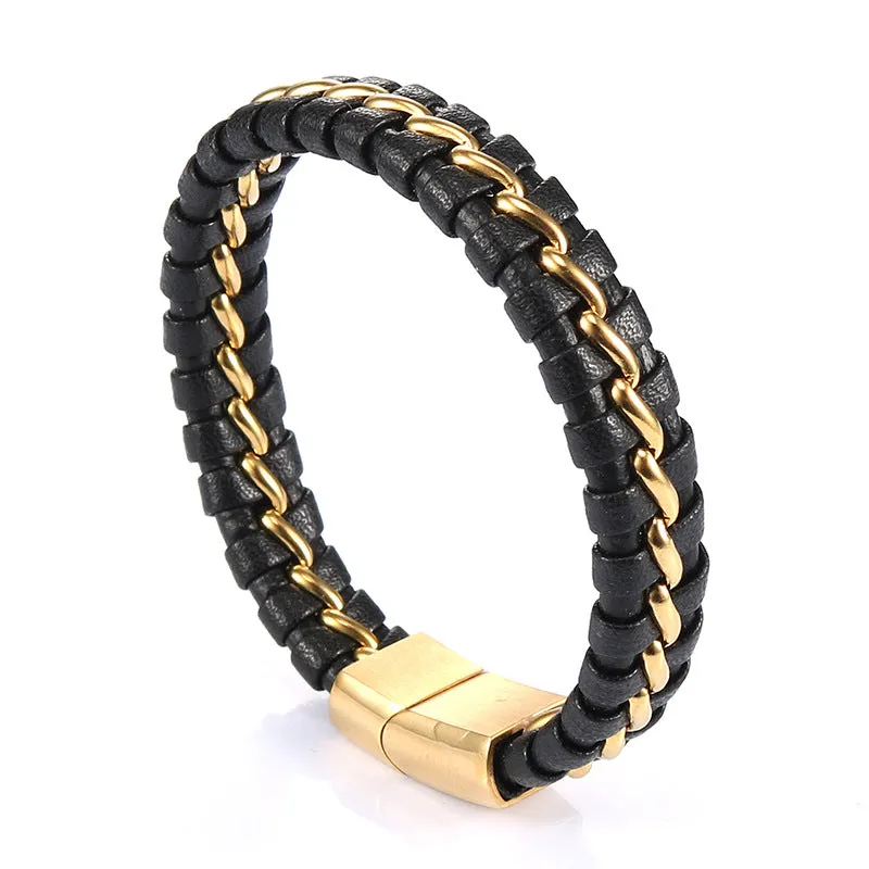 Titanium Steel Retro Punk Men's Leather Rope Bracelet - Stylish Stainless Steel Jewelry for Men