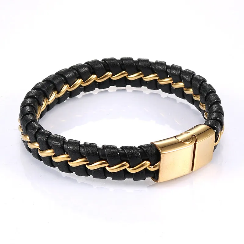 Titanium Steel Retro Punk Men's Leather Rope Bracelet - Stylish Stainless Steel Jewelry for Men