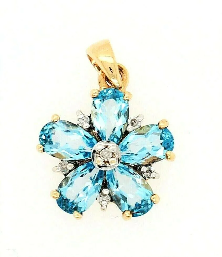 Topaz & Diamond Flower Pendant 9ct Yellow Gold Fine Jewellery Gemstone Necklace